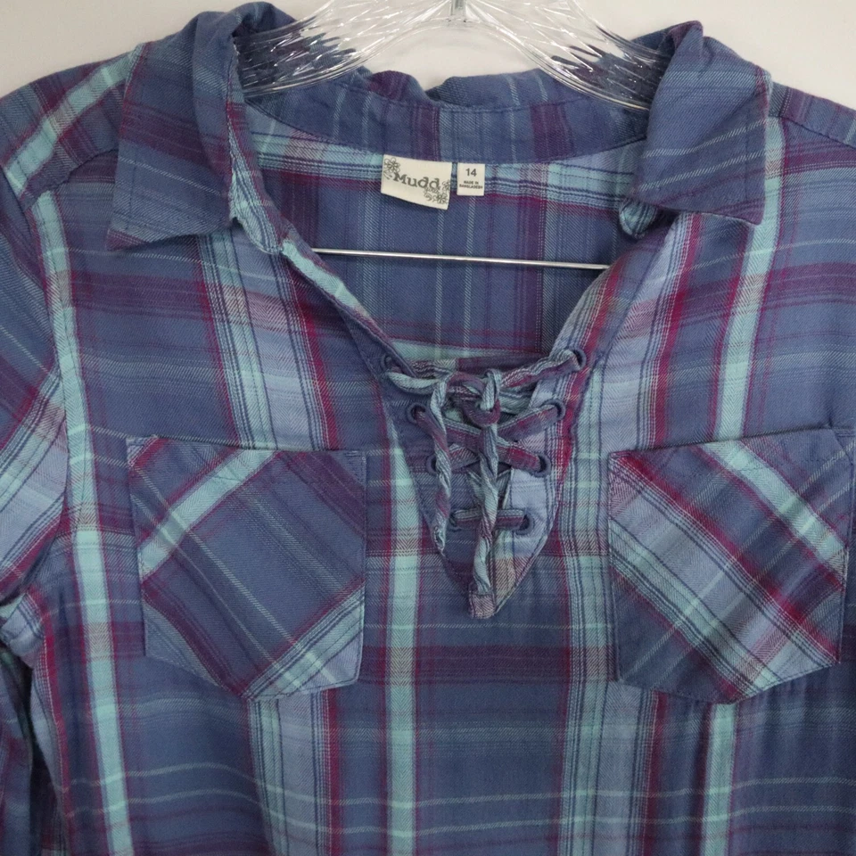 Camisa Mudd Top Niñas 14 Informal Bolsillo Cuello en V Cuello Azul Cuadros Manga Larga Foto 3 de 4