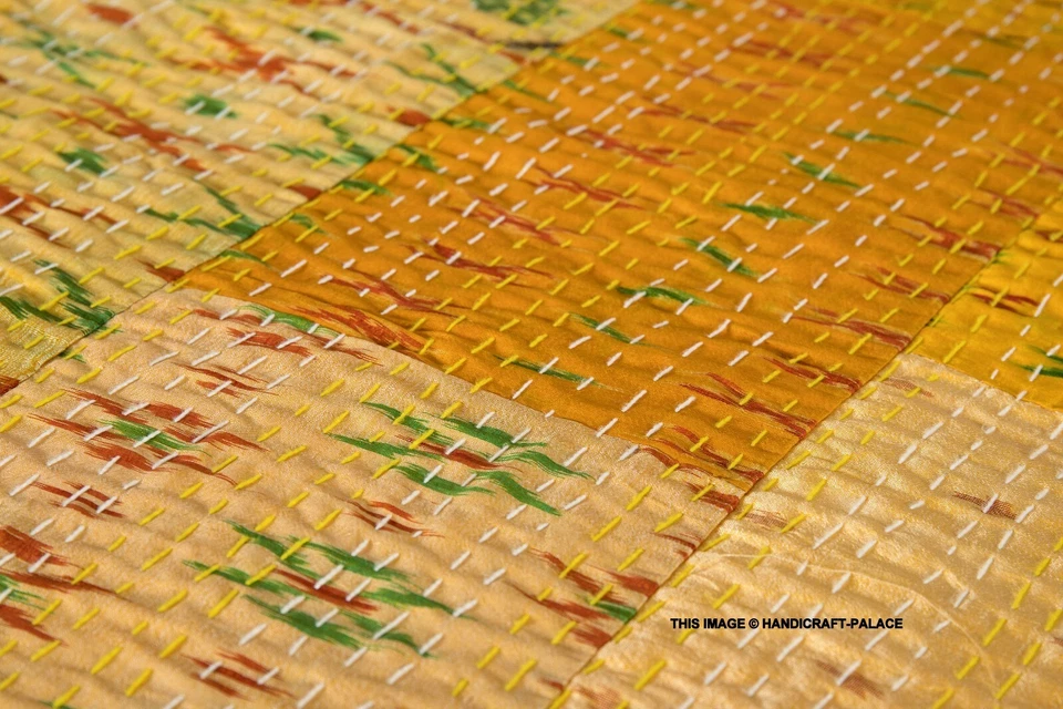 Yellow Silk Bedspread Kantha Quilt Reversible Silk Patchwork King Throw Decor - Image 3 of 4