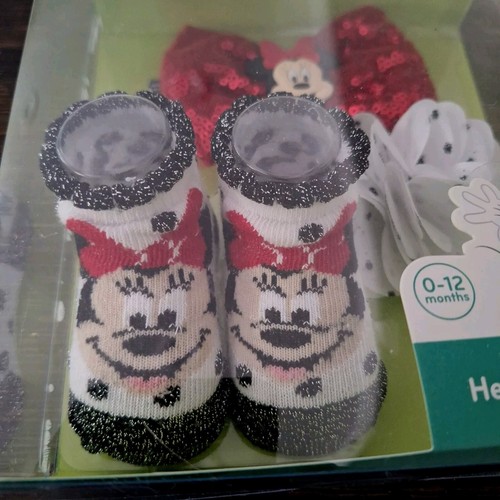 Disney Minnie Mouse Bootie Socks Headband Hair Clip 0-12 month Baby Shower UB - Picture 2 of 7