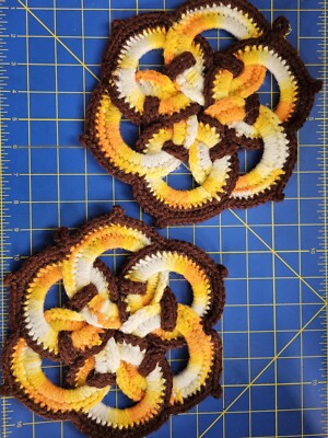 2 1970s Vintage Crochet Interlock Pop Can Ring Potholder Trivet Orange Brown 9''