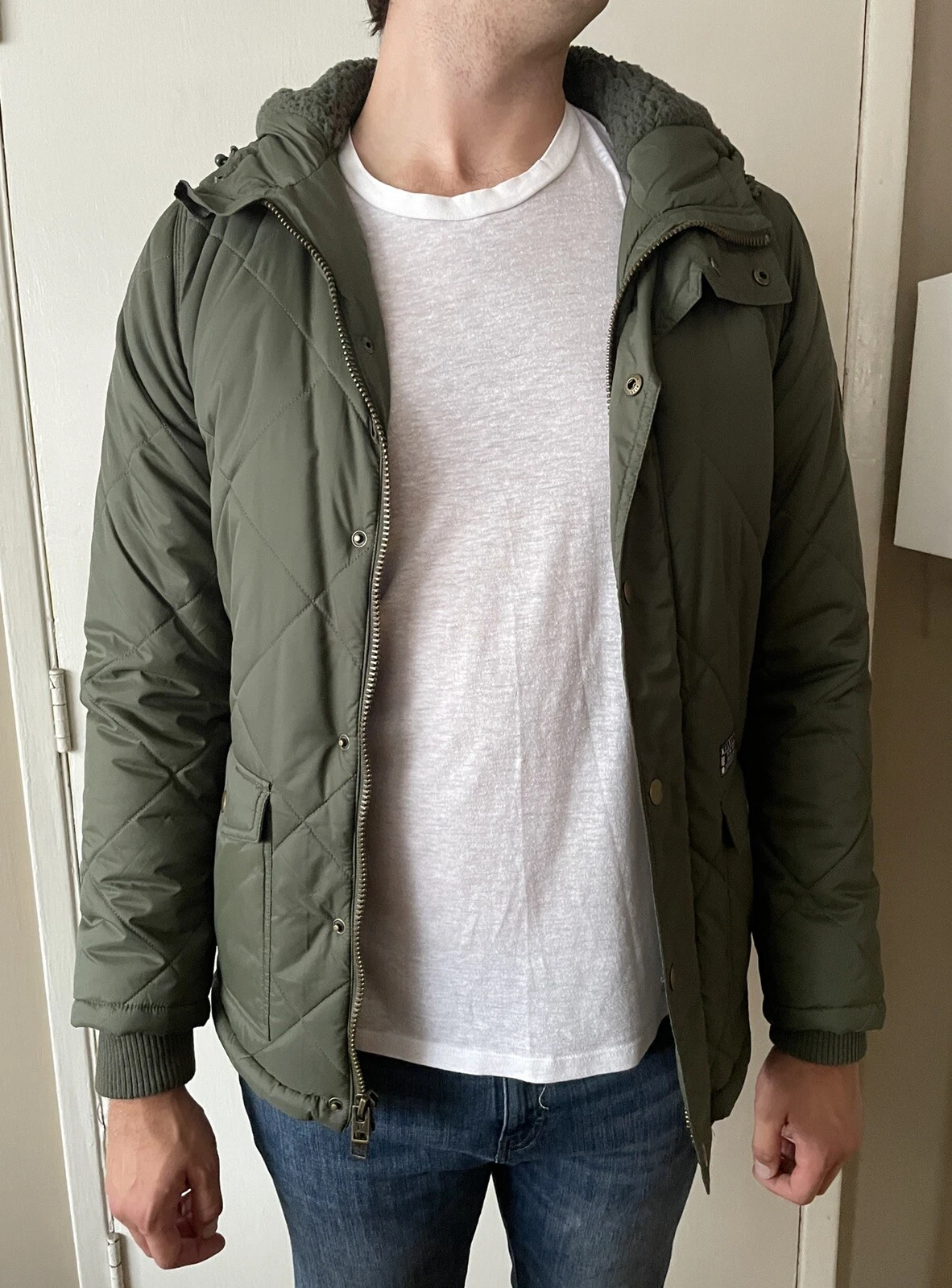 Hurley Disorder Green Sherpa Lined Quilted Nylon Hooded Puffer Jacket Size Small