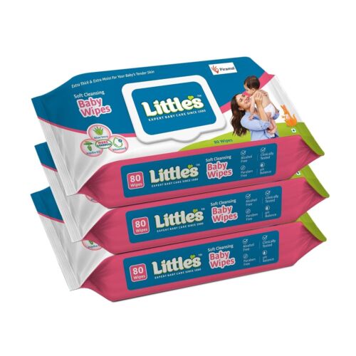 Couvercle de lingettes nettoyantes douces pour bébé Little's, 80 lingettes (paquet de 3) - Photo 1/8