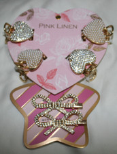 Pink Linen heart  bow shaped 6 hair clips set.Faux pearl  crystal beads NEW