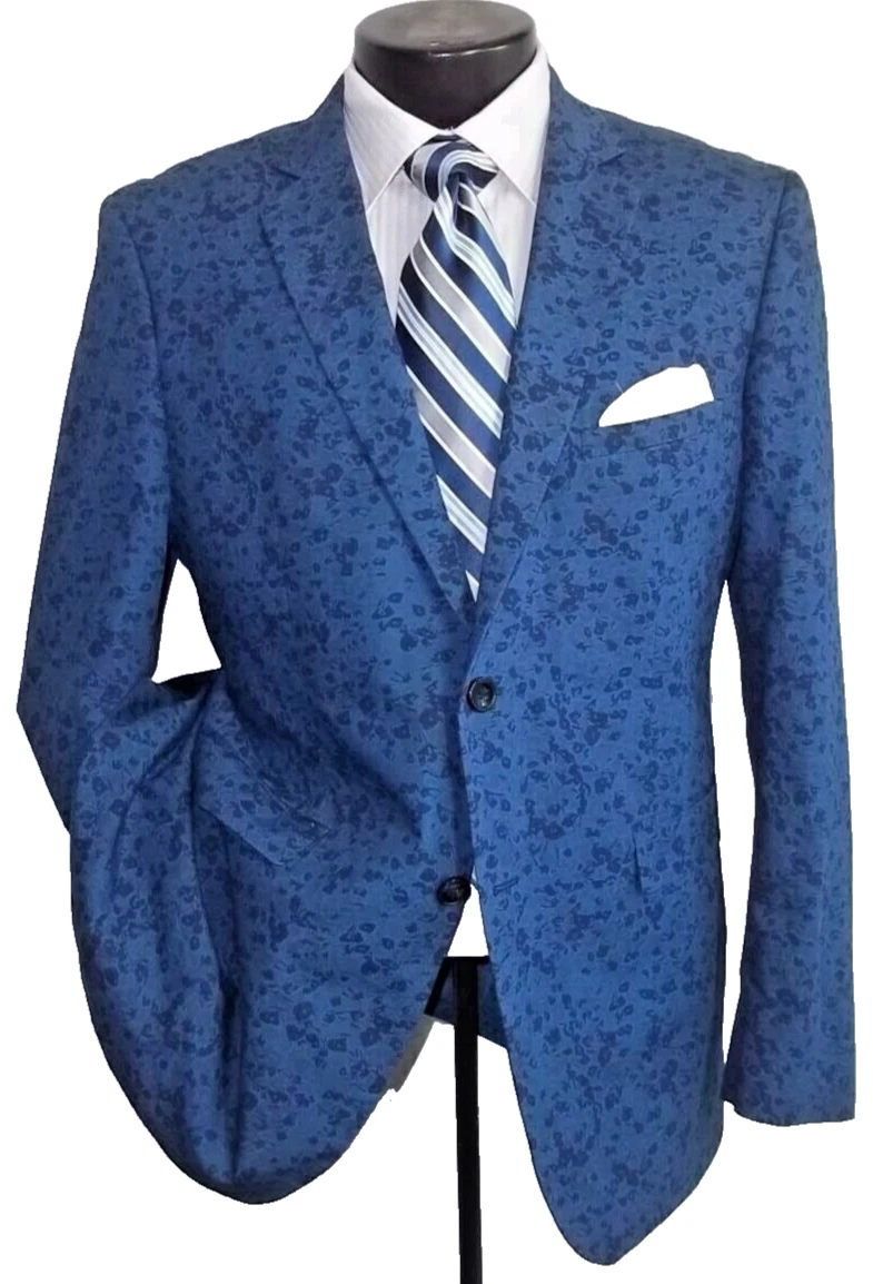 Perry Ellis Royal Blue Patterns 2Buttons Side Vents Cotton Jacket Coat 42S