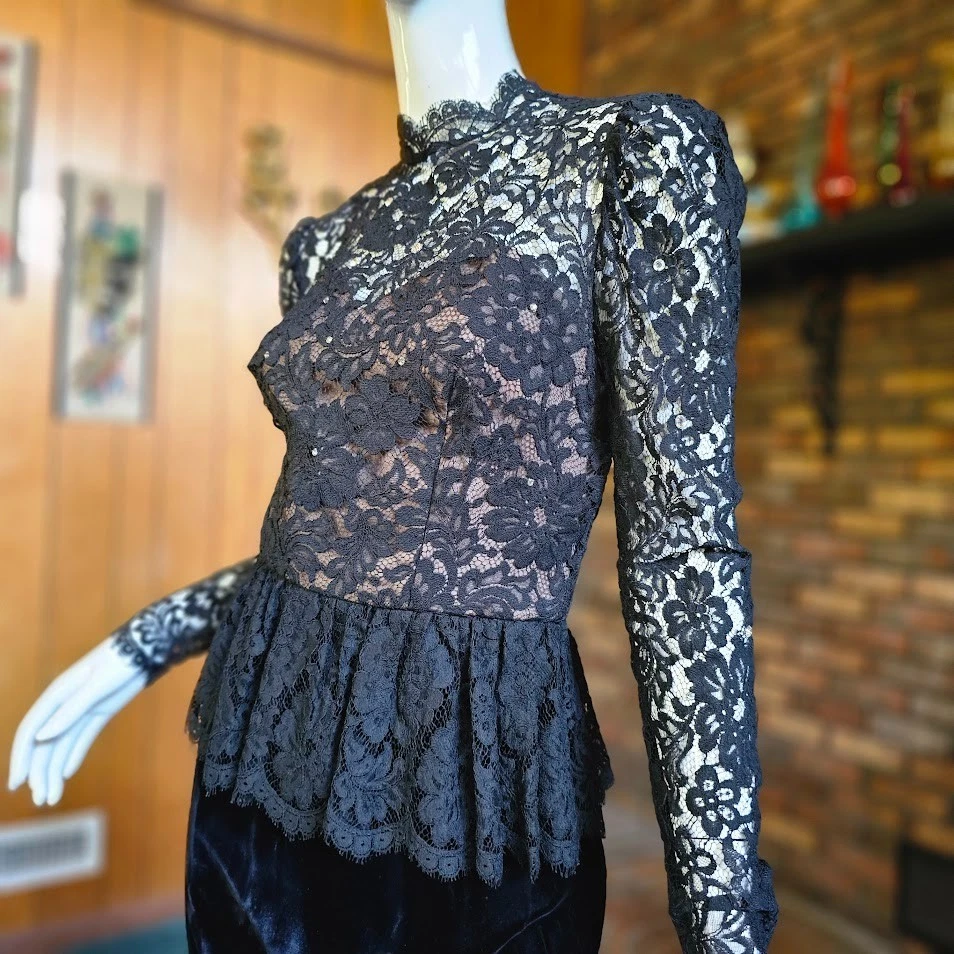 Vtg 80s 40s Sweetheart Nude Illusion Lace Lillie Rubin Velvet Cocktail Dress S/M - Image 3 of 4