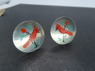 Navajo Raymond Boyd Sterling Silver & Coral Inlay Cardinal Earrings 9.5g