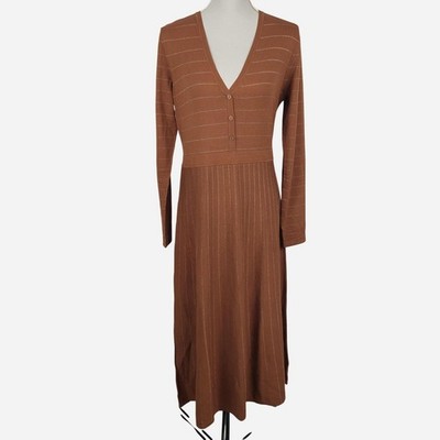ESPRIT Brown Knitted Dress Size UK L Large Glitter Striped Fit Flare Autumn BNWT