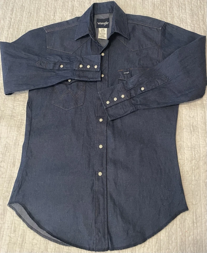 Camisa Western De Colección Años 90 Wrangler Denim Perla A Presión Para Hombres•15x33 Azul Algodón Oscuro Foto 2 de 4