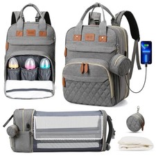 Baby Diaper Bag Backpack Foldable Changing Bed Waterproof Travel + USB Charge