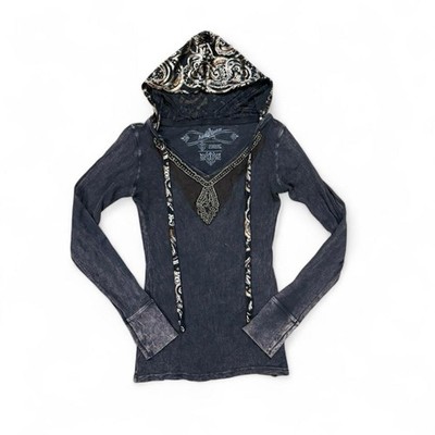 Y2K Awake Couture Black Bleached Beaded Paisley Hooded Long Sleeve Top