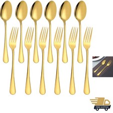 Set of 12, Gold Plated Stainless Steel Dinner Forks and Spoons, Heavy-duty Fo...