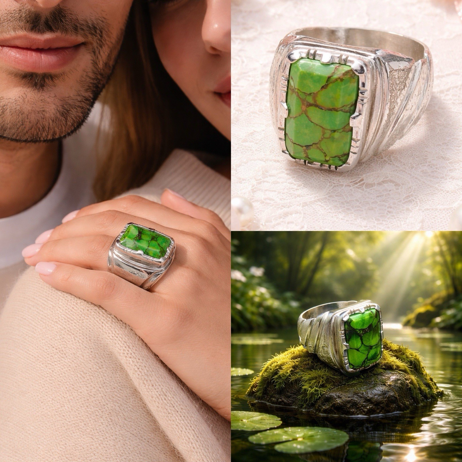 💍 Sterling Silver Statement Ring Rectangular Gre… - image 7