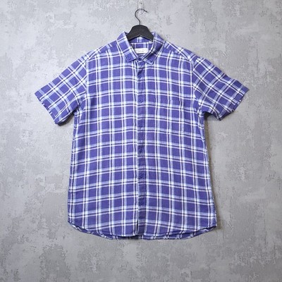 Nigel Hall Hemd Herren mittelblau weiß kariert Leinen Kurzarm Button-Down