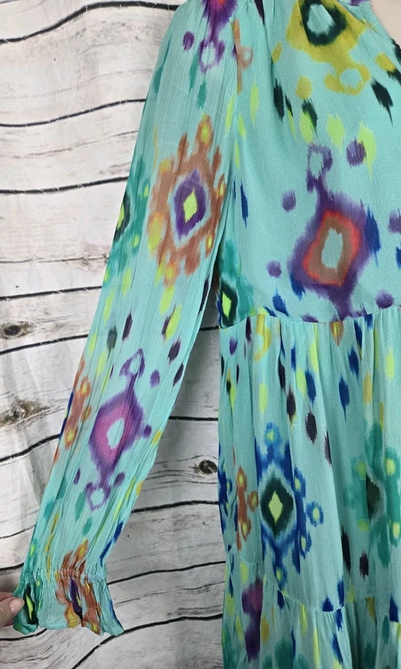 Anthropologie 小夜曲长裙 S 小绿色异想天开仙女 Ikat 分层 — 第 4/4 张图片