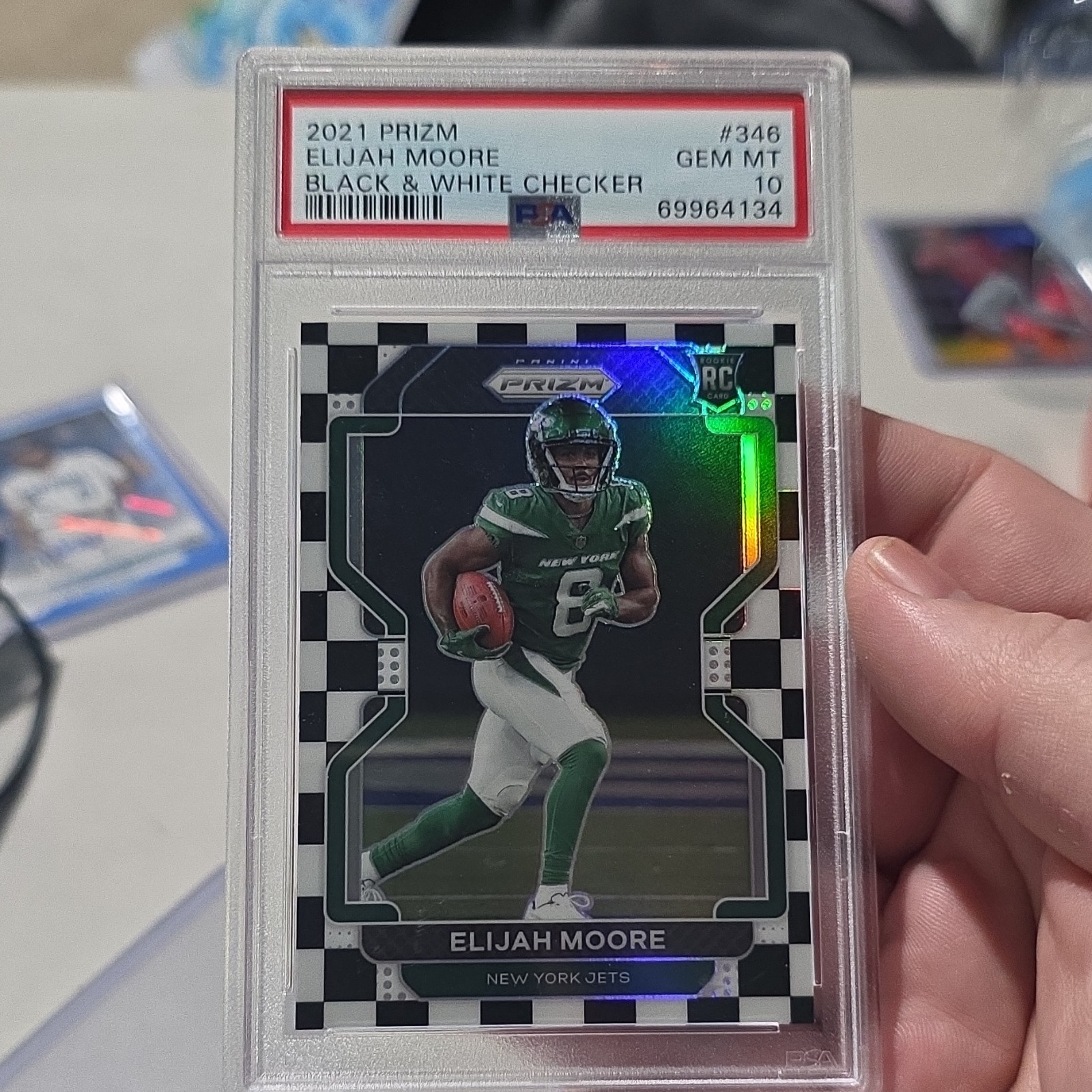 Panini 2021 Prizm Black & White Checker Elijah Moore #346 Rookie PSA 10 Jets