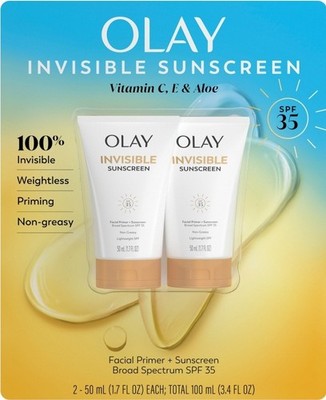 Olay Invisible Sunscreen, SPF 35 + Primer, 1.7 Fluid Ounce - 2 PK - EXP 2027/FEB