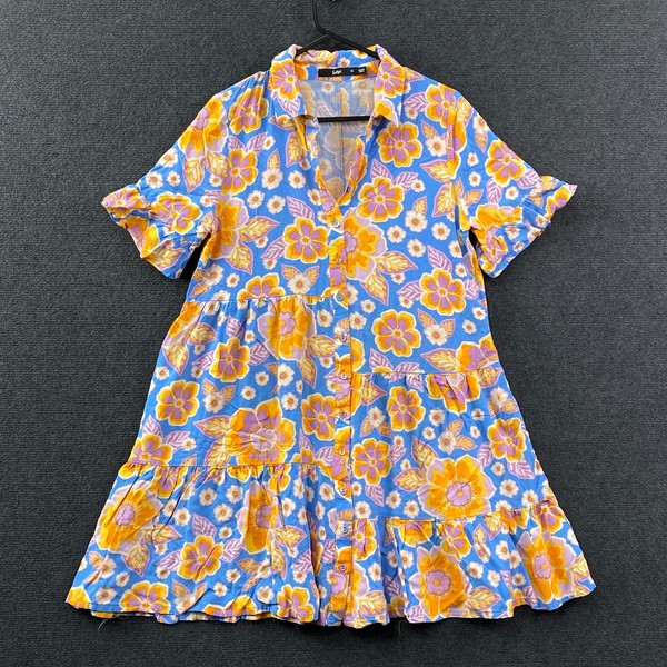 Sportsgirl Womens Panel Tiered Mini Shirt Dress Blue Floral Frill Sleeve Size 10