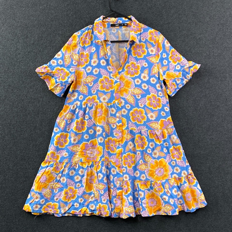 Sportsgirl Womens Panel Tiered Mini Shirt Dress Blue Floral Frill Sleeve Size 10