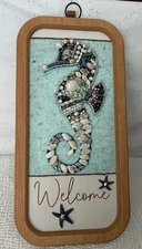 Handmade Seashell & Jewelry Art Coastal Seahorse Welcome Wall Sign Mixed Media