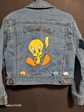 Girls Sz XS Looney Tunes Tweety Bird That's All Folks Blue Denim Stretch Jacket