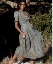 Daughters of India Size XS AUS 8 Prairie Midi Dress sage floral cotton block