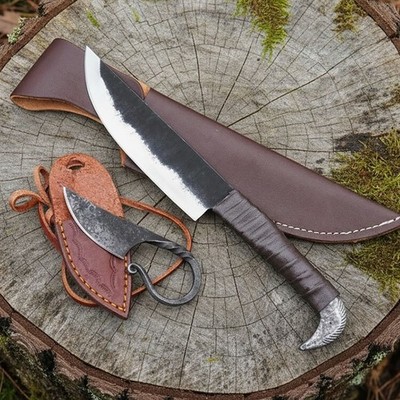 Custom Viking Knife Set 2-Piece Carbon Steel   Raven Head 9.5  Handmade Knife