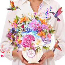 Musical 3D Pop-Up Mother's Day Card with Hummingbird Bouquet and Envelope
