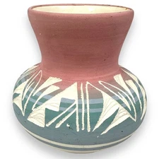Vintage Mesa Verde Pottery Native American Navajo Vase Blue Pink 4" Geometric