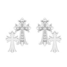 Silver Cross Stud Earrings Double Layer Christian Jewelry Faith Gift Women Men