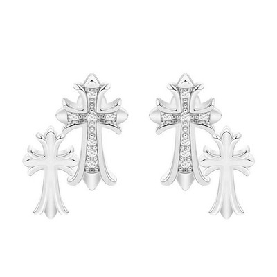 Silver Cross Stud Earrings Double Layer Christian Jewelry Faith Gift Women Men