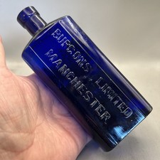 NICE RARER BLUE VICTORIAN POISON BOTTLE EMBOSSED WITH BURGONS LIMITED MANCHESTER