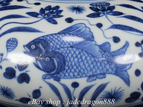 10.4" Chinese Marked Blue White Porcelain Fish Seaweed Lotus Pot Jar Crock - Picture 6 of 9