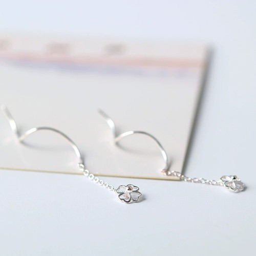 Solid 925 Sterling Silver Four Leaf Clover Long Tassel Threader Dangle Earrings - Picture 2 of 8