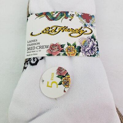 Ed Hardy Womens Size 4-10 White Beige Black Fashion Mid Crew Socks