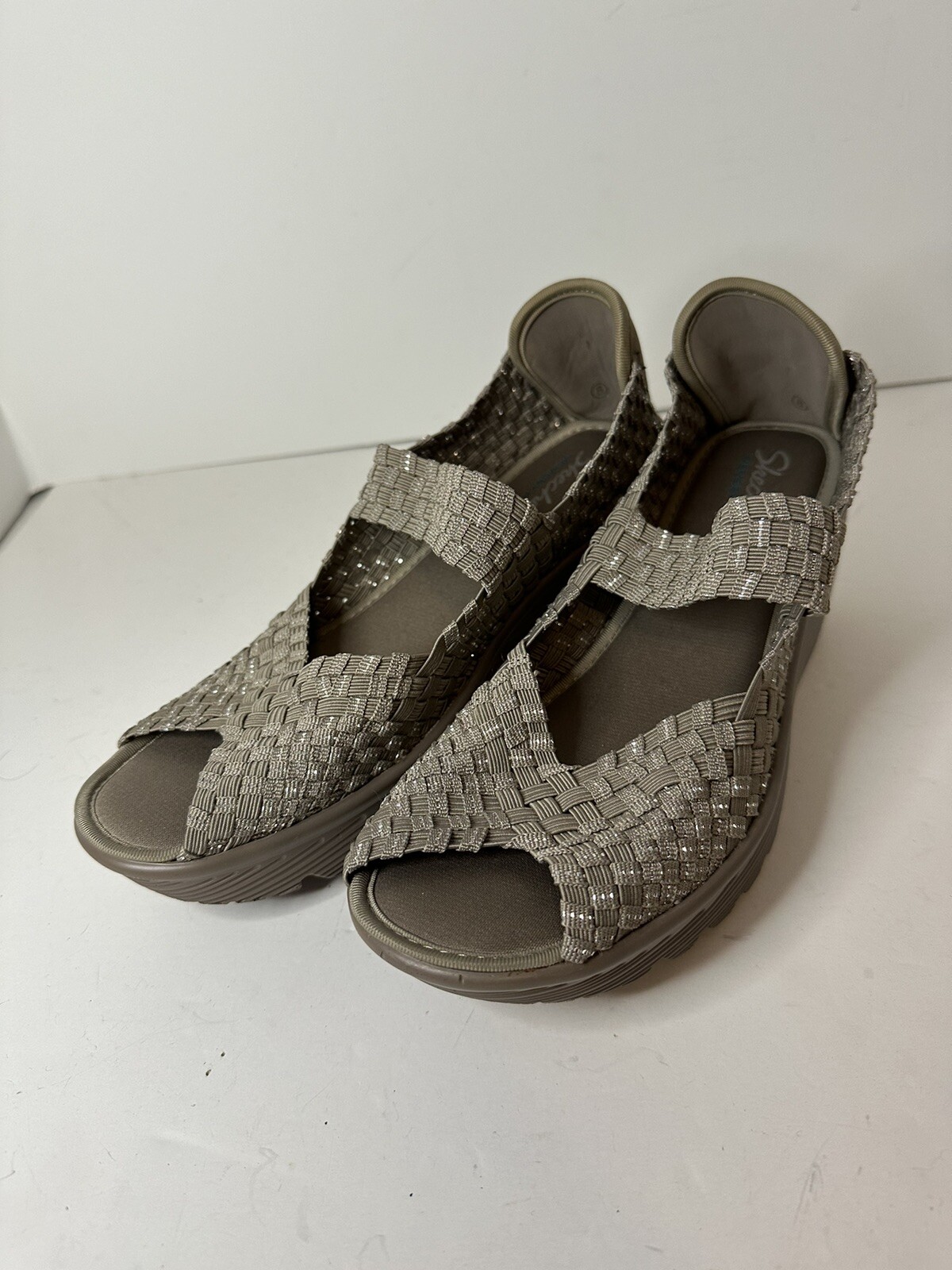 Skechers Wedge Sandals Women Size Beige Parallel Woven Memory