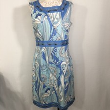 Jillian jones Shift Dress Women's 12 Blue White Floral Cotton Stretch Round Neck