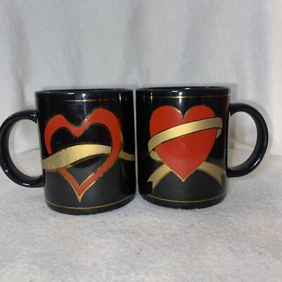 LOT OF 2 VINTAGE 1995 J.J.J COFFEE MUG HEART BLACK MUG HEART HEART RARE