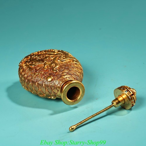 4"Old China Dynasty Copper Gold Gilt Dragon Beast Pattern Snuff bottle Snuff box - Picture 7 of 9