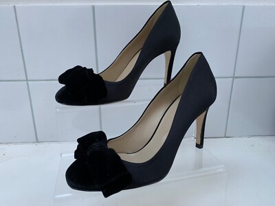 HOBBS COURT SHOES 4 37 black faux silk black velvet bows stiletto high heels NEW