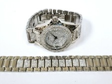 NEW BLING MASTER 2 PC SET SILVER TONE,BLING CRYSTAL GLITZ DIAL WATCH+BRACELET 