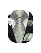  Paisley Men Clip on Tie with Flower Lapel Pin Zipper Extra Long Sage Green a