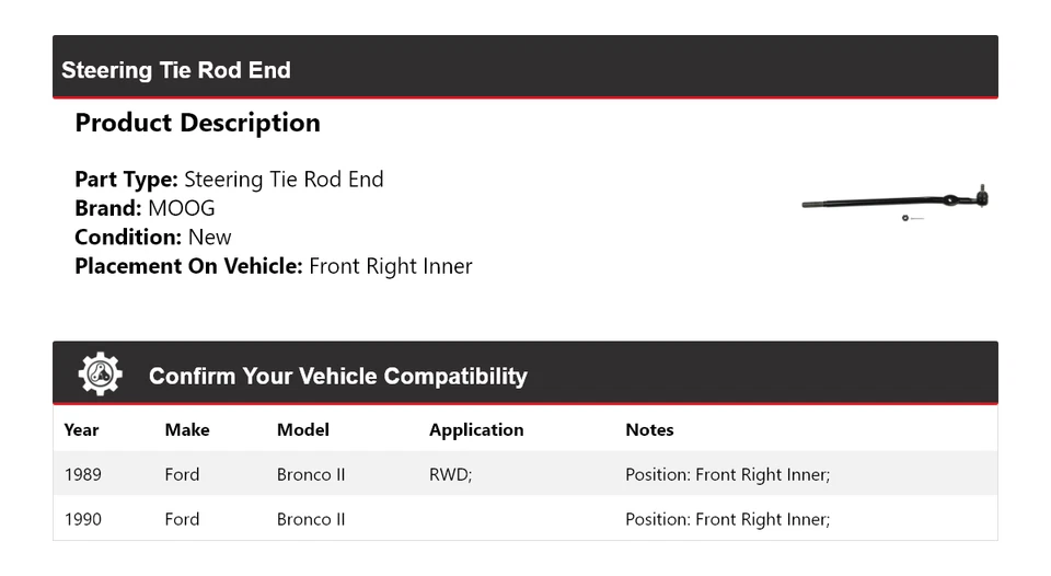 Barra de amarre de dirección delantera derecha interior MOOG para Ford Bronco II 1989-1990 Foto 2 de 4