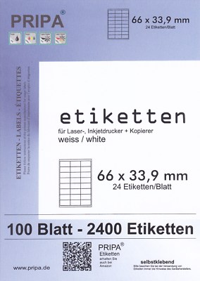 100 Blatt = 2400 Etiketten Format 66 x 33,9 mm selbstklebend auf DIN A4   PRIPA 