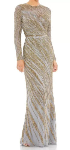 Abito Mac Duggal platino oro perline manica lunga tulle colonna taglia 6 $598