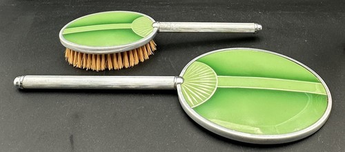 Vintage Art Deco Green Chrome Vanity Dresser Dressing Set Mirror Brush Comb - Picture 6 of 20