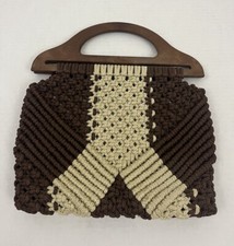 Vintage 70s Macrame Purse Handbag Boho Hippie Lined Bag Faux Wood Handles