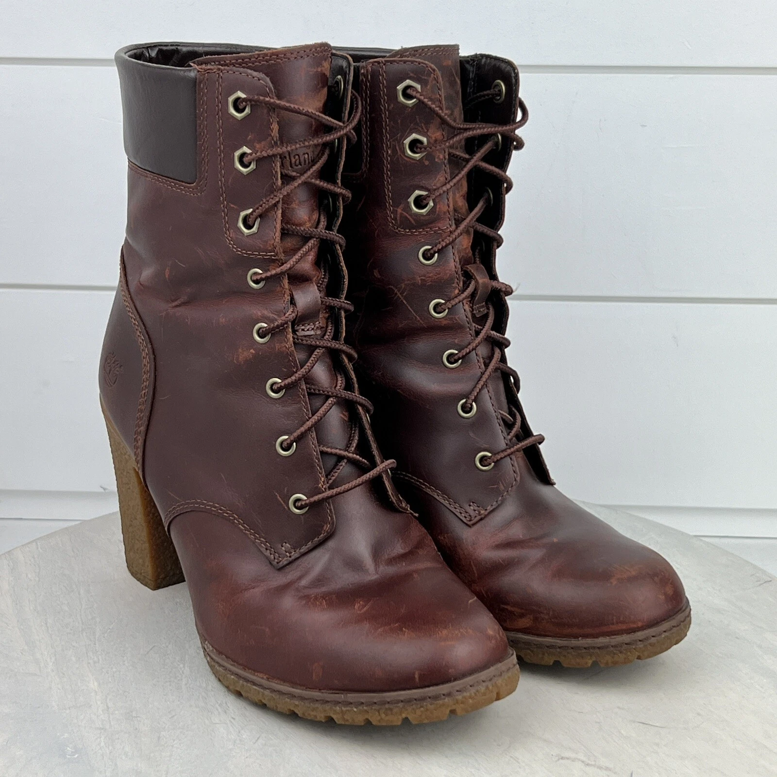 Timberland Stivaletto stringato pelle marrone lucido A18Z6 tacco a blocco donna 8