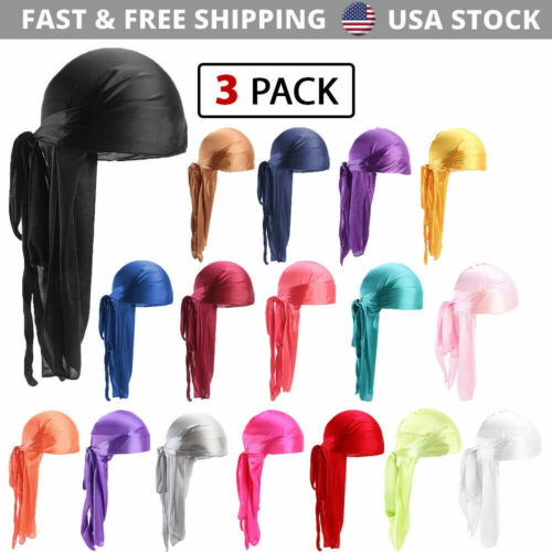 3 Pack Silky Satin Durag Unisex Wave Cap Hat Doo Rag Biker Smooth Head Wrap - Picture 1 of 30