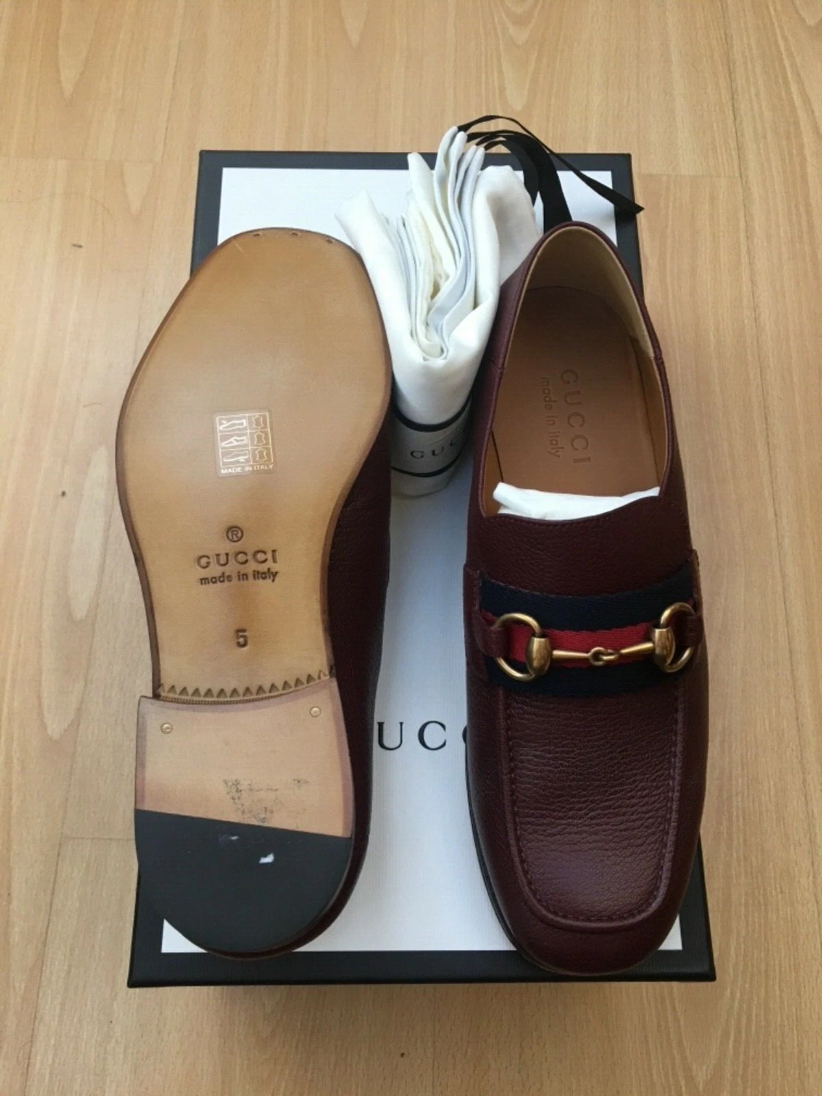Mocassins Gucci chaussures Web bleu rouge bordeaux cuir Horsebit homme UK 5 US 6 39 neuf