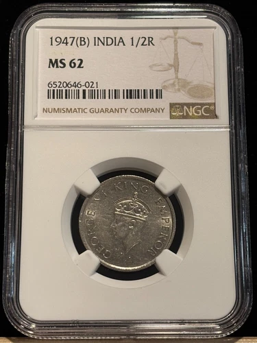 INDIA 1/2 Half Rupee 1947 (B), British / KGVI, NGC MS 62 UNC / BU. "021". K6